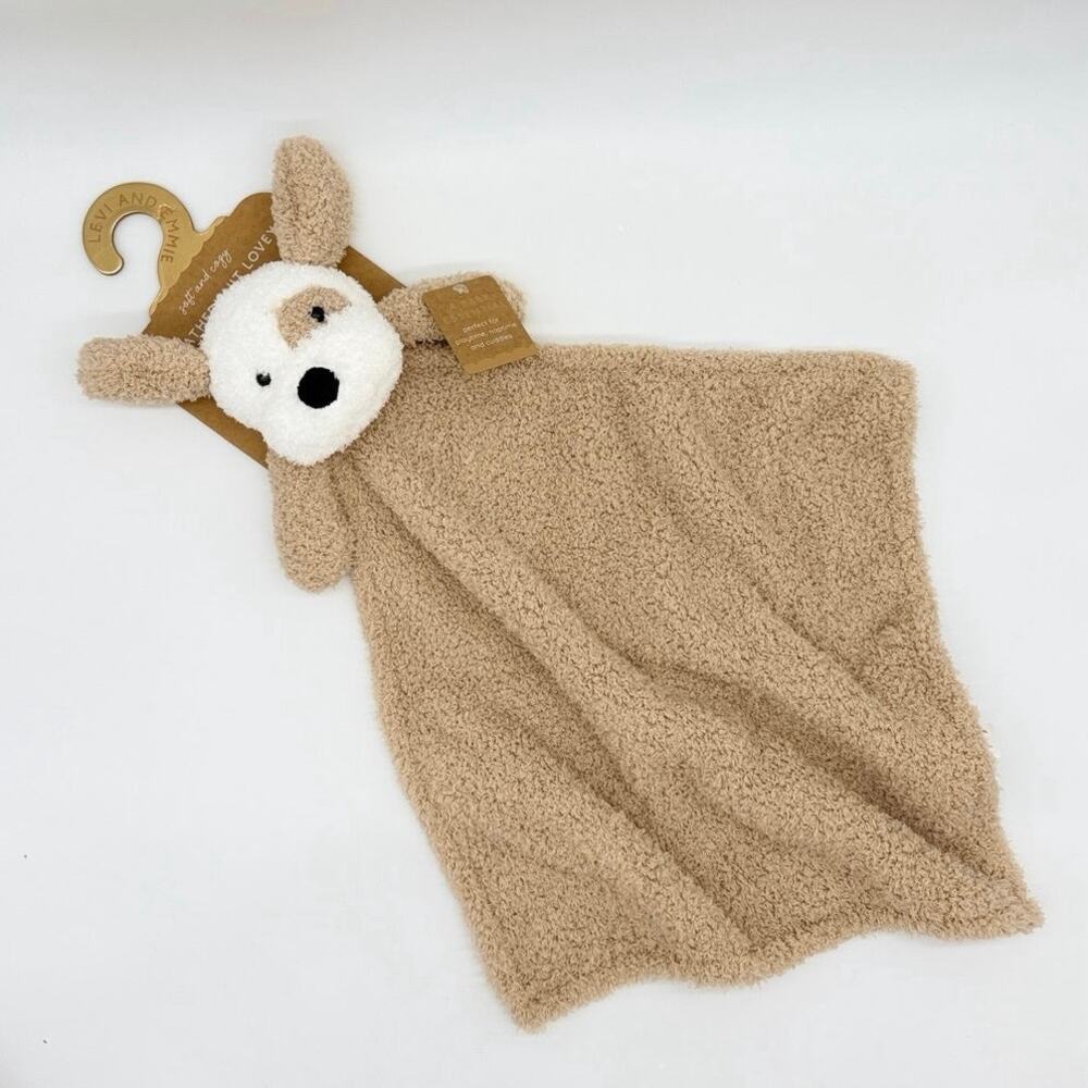 Levi And Emmie Tan Puppy Dog Feather Knit Baby Lovey Security Blanket NEW